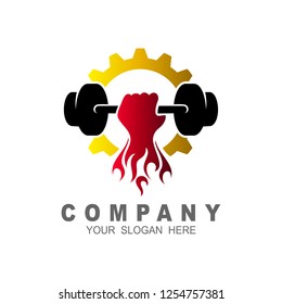 Strong hand holding dumbbell with gear vector suitable for graphic design work such as icon, sport, gym , fitness, and fire