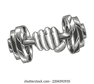 strong hand holding a dumbbell, icon. hand drawn engraving style vector illustration 