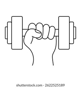 Strong Hand Holding Dumbbell Outline Vector Illustration. The image is in black and white, with clean bold lines. The composition emphasizes strength, fitness and workout themes.