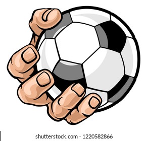 A strong hand holding a soccer football ball. Sports graphic
