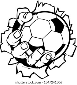 A strong hand holding a soccer football ball tearing through the background. Sports graphic