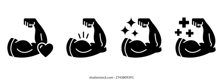 Strong hand line icon set. Muscle arm logo, label, badge, symbol, strength, bicep, power, high, protein, man, flex, strong bone calcium, human body concept. Vector illustration.