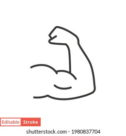 Icono de línea de mano fuerte. Estilo de contorno simple. Músculo, brazo, bicep, potencia, proteína, hombre, fuerza, flexión, concepto del cuerpo humano. Ilustración vectorial aislada en fondo blanco. EPS de trazo editable 10.