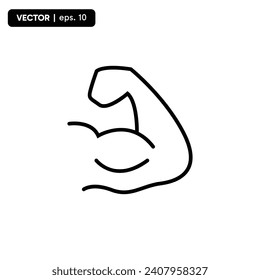 Icono de línea de mano fuerte. Estilo de contorno simple. Músculo, brazo, bicep, potencia, proteína, hombre, fuerza, flexión, concepto del cuerpo humano. vectores 10