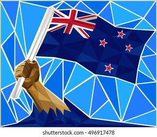 Strong Hand Raising The Flag Of New Zealand