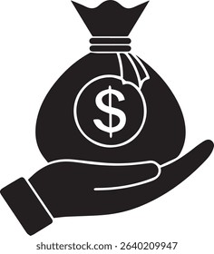 A strong hand securely holds a bag overflowing with money, symbolized by dollar signs, representing financial support, investment, and economic growth. T