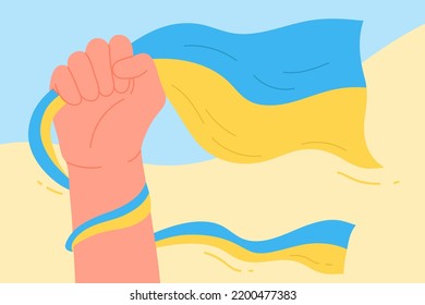 Strong hand with wavy national Ukrainian flag vector illustration. Fist rising in protest against war, fight and resist to Russian military invasion background. Stop war, stand with Ukraine concept