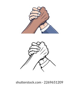 Starkes Handshake-Symbol. Vektorgrafik von zwei muskulösen Händen, die einen sportlichen Stil handshake. Schwarz-Weiß-Interrazial-Hände Handschütteln