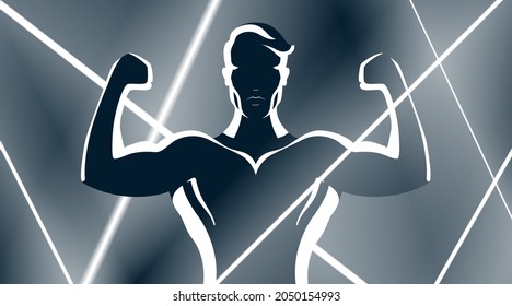 Un hombre fuerte y guapo posa con los brazos arriba sobre el fondo energético de las luces de neón. Hermoso retrato de cuerpo de torso estilo moda masculino, ilustración portadora de silueta.