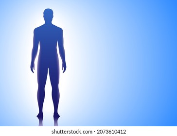 Un hombre fuerte y apuesto sobre un fondo azul brillante. Atención corporal e ilustración del vector de concepto médico.