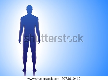 A strong handsome man standing on a bright blue background. Body care and medical concept vector illustration.