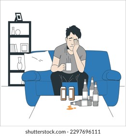 Strong hangover of man after drinking alcohol. Drunk tiny person sitting with bottle and glasses of liquor and dizzy brain flat vector illustration. Addiction, problem of health, bad habit concept