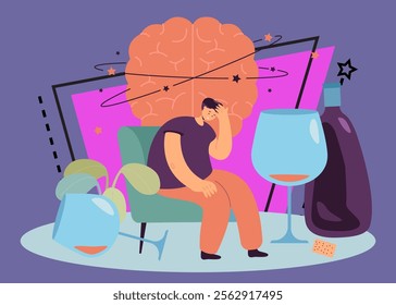 Strong hangover of man after drinking alcohol. Drunk tiny person sitting with bottle and glasses of liquor and dizzy brain flat vector illustration. Addiction, problem of health, bad habit concept