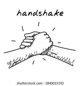 Strong hanshake handdrawn illustration. Cartoon vector clip art of a two muscular hands making a sport style handshake. Black and white sketch with concept of sport team, male bonding, bromance, sport