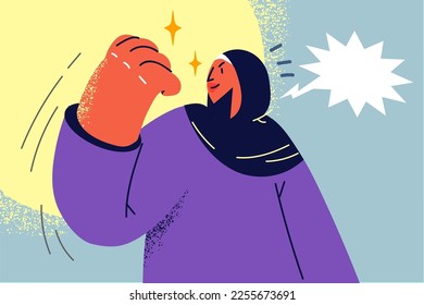 Strong happy Arabic woman in hijab show muscles feeling powerful and decisive. Female activist demonstrate leadership at street protest or demonstration. Vector illustration. 