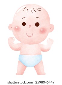 Strong and Happy Baby Illustration. A delightful watercolor-style digital illustration of a cheerful baby standing confidently with a happy expression.