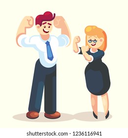Strong happy businessman and businesswoman office worker team character vector flat design We can do it