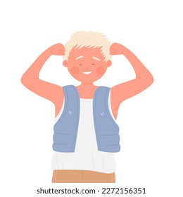 Strong happy child. Sporty kid, practicing fitness, healthy daily habit vector illustration