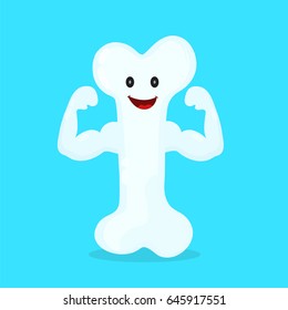 Strong happy healthy bone character. Vector flat cartoon illustration icon design. Isolated on blue background