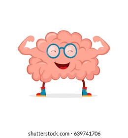 Strong Happy Healthy Brain Character. Vector Flat Cartoon Illustration Icon Design. Isolated On White Background