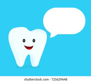 Strong happy healthy white tooth talking dialog bubble speech character. Vector flat cartoon illustration icon design. Isolated on blue background. Teeth concept