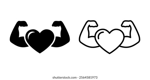 Strong health icon. Strong heart line and flat design. Heart with muscle arms vector icon.