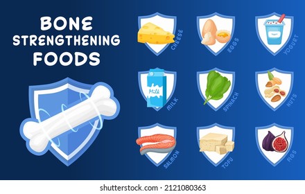 Strong healthy bones foods. Human health medical banner. Proper nutrition infographic with icons. Graphic design. Medicine, healthcare concept. Editable vector illustration isolated on blue background