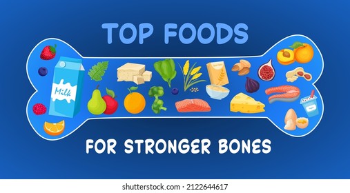 Strong healthy bones foods. Human health medical banner. Proper nutrition infographic with icons. Graphic design. Medicine, healthcare concept. Editable vector illustration isolated on blue background