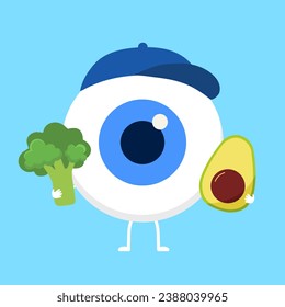 Strong healthy eyeball with a broccoli and avocado cartoon character in flat design. Strong eye, good vision concept vector illustration.