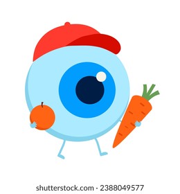 Strong healthy eyeball with a carrot and orange cartoon character in flat design. Strong eye, good vision concept vector illustration.