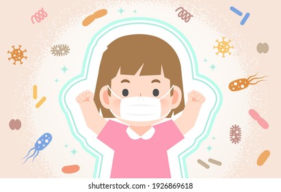 A strong healthy girl being protected from Viruses, Bacteria, Dust, Smoke, Germs With a mask illustration vector. Health Care Concept.