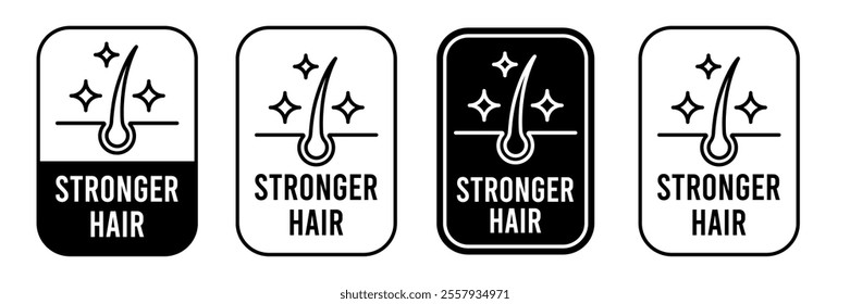 Strong healthy hair line icon set. Stronger hair logo, label, badge, sticker, symbol, emblem, black, circle, line, vector, isolated illustration. Stronger hair label for product packaging design.