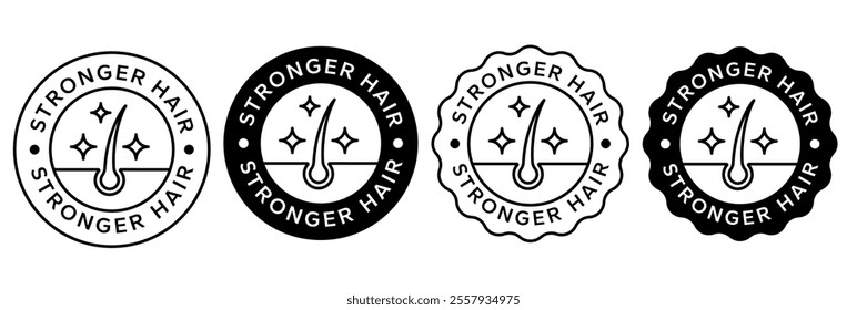 Strong healthy hair line icon set. Stronger hair logo, label, badge, sticker, symbol, emblem, black, circle, line, vector, isolated illustration. Stronger hair label for product packaging design.