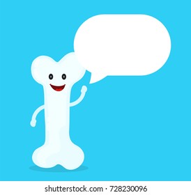 Strong healthy happy bone character talking dialog bubble speech. Vector flat cartoon illustration icon design. Isolated on blue background. Strong bone concept