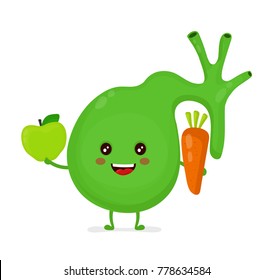 Strong healthy happy gallbladder with apple and carrot character. Vector flat cartoon illustration icon design. Isolated on white background. Human gallbladder nutrition concept