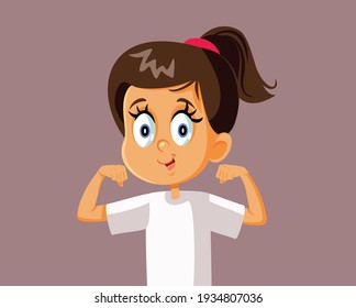 Strong Healthy Happy Girl Vector Illustration. Funny Child Feeling Powerful, Sporty And Energized 
