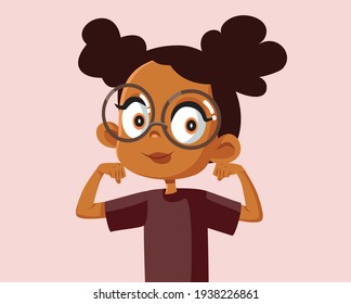 Strong Healthy Happy Girl Vector Illustration. Cute African child feeling powerful, sporty and energized 
