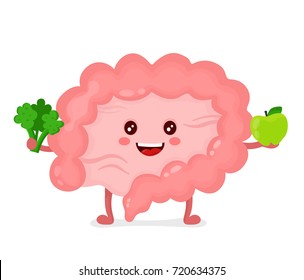 Strong healthy happy Intestine character with broccoli and apple. Vector flat cartoon illustration icon design. Isolated on white background. Digestive tract, Healthy food nutrition,Intestine  concept