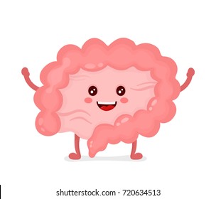 Strong Healthy Happy Intestine Gut Character. Vector Flat Cartoon Illustration Icon Design. Isolated On White Background. Digestive Tract, Healthy Food Nutrition,gut,Intestine,colon,bowel Concept