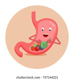 Strong healthy happy stomach character with vegetables. Vector flat cartoon illustration icon design. Isolated on white background. Healthy food nutrition,stomach concept