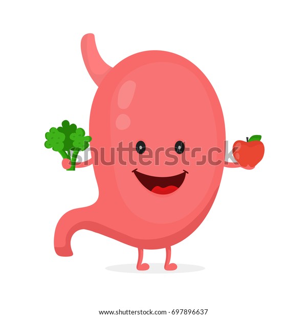 強く健康な幸せな胃の特徴 ブロッコリーとリンゴ ベクター平面のカートーンイラストアイコンデザイン 白い背景に 消化管 健康食品の栄養 胃のコンセプト のベクター画像素材 ロイヤリティフリー