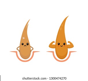 Strong Healthy And Sad Sick Unhealthy Hair Character. Vector Flat Cartoon Illustration Icon. Isolated On White Background. Strong Hair Show Muscles,before And After Concept