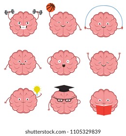 Strong, healthy, sports and smart brain vector cartoon characters set. Sport brain, workout and fitness exercise, intelligence mind train illustration