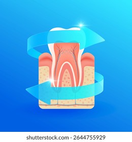 Nervos dentários fortes e saudáveis. Duas setas azuis girando ao redor dos dentes e chiclete no fundo escuro. Para tratamentos dentários ou dentários de design. Vetor EPS10.
