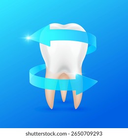 Strong and healthy tooth root. Two arrows blue rotating around molar teeth on dark background. For design dentist or dentistry treatments. Vector EPS10.