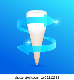 Starke und gesunde Zahnwurzel. Zwei Pfeile blau rotieren um Schneidezähne auf dunklem Hintergrund. Für Design Zahnarzt oder Zahnmedizin Behandlungen. Vektor-EPS10.