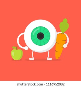 Strong healthy white eye, eyeball with a carrot character. Strong eye, good vision concept. Vector illustration.
