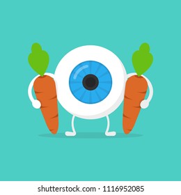 Strong healthy white eye, eyeball with a carrot character. Strong eye, good vision concept. Vector illustration.