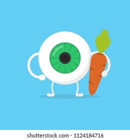 Strong healthy white eye, eyeball with a carrot character. Strong eye, good vision concept. Vector illustration.