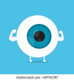 Strong healthy white eye, eyeball character. Vector flat cartoon illustration icon design. Isolated on blue background. Strong eye, good vision concept.